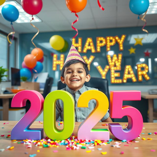 A cheerful scene featuring a young boy celebrating in an office environment