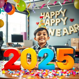A cheerful scene featuring a young boy celebrating in an office environment
