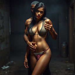 A provocative scene set in a dimly lit, gritty environment of a rundown house