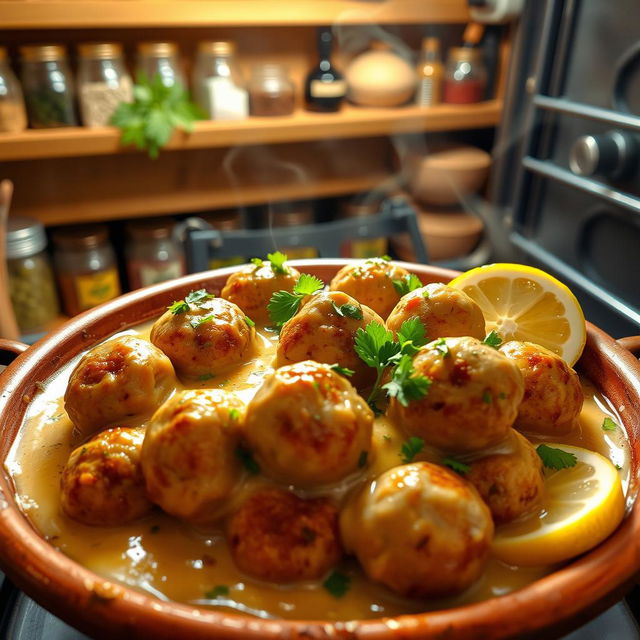 A beautifully presented dish of meatballs cooked in tahini sauce, with the meatballs perfectly round and golden brown