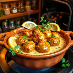 A beautifully presented dish of meatballs cooked in tahini sauce, with the meatballs perfectly round and golden brown