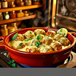 A beautifully presented dish of meatballs cooked in tahini sauce, with the meatballs perfectly round and golden brown