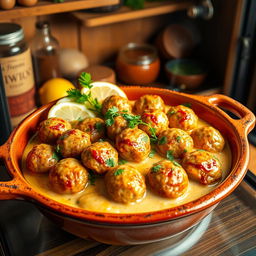 A beautifully presented dish of meatballs cooked in tahini sauce, with the meatballs perfectly round and golden brown