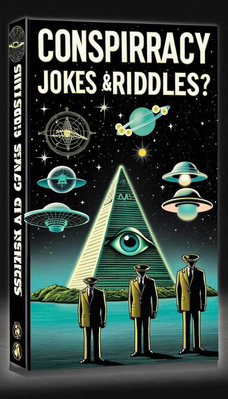 A playful and dynamic book cover design with the title "Conspirracy Jokes & Riddles?" prominently displayed