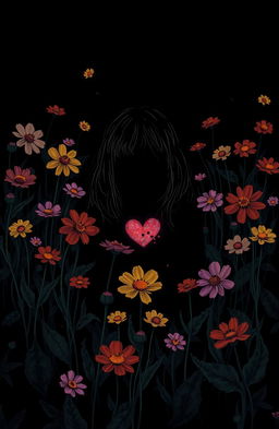 A scene depicting a girl in a peaceful place, surrounded by colorful flowers, with a scared heart and a puzzled mind