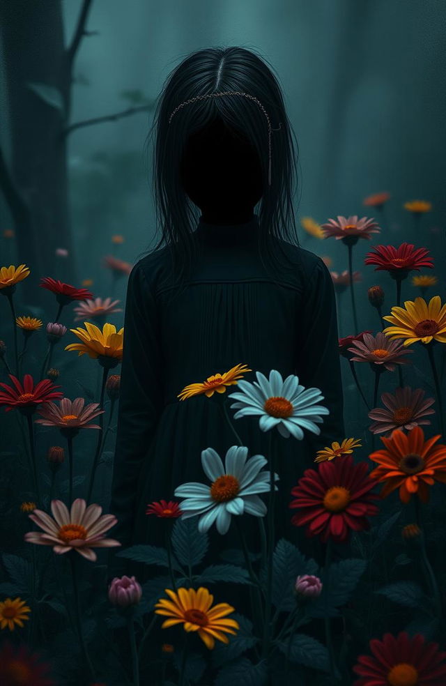 A scene depicting a girl in a peaceful place, surrounded by colorful flowers, with a scared heart and a puzzled mind