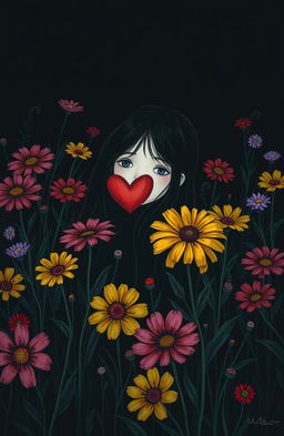 A scene depicting a girl in a peaceful place, surrounded by colorful flowers, with a scared heart and a puzzled mind
