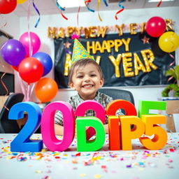 A cheerful scene featuring a young boy celebrating in an office environment