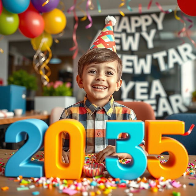 A cheerful scene featuring a young boy celebrating in an office environment