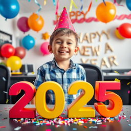 A cheerful scene featuring a young boy celebrating in an office environment