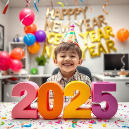 A cheerful scene featuring a young boy celebrating in an office environment