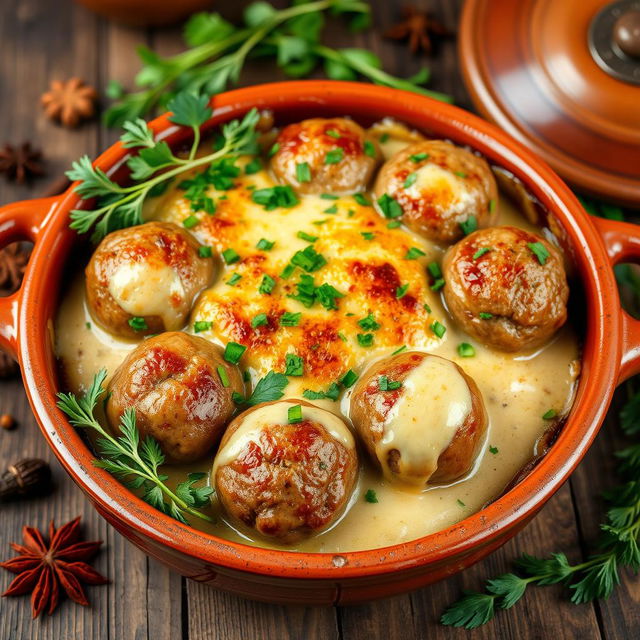 A beautifully presented baked meatball casserole with tahini sauce, showcasing a golden brown crust on top