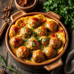 A beautifully presented baked meatball casserole with tahini sauce, showcasing a golden brown crust on top