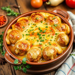 A beautifully presented baked meatball casserole with tahini sauce, showcasing a golden brown crust on top