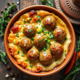 A beautifully presented baked meatball casserole with tahini sauce, showcasing a golden brown crust on top