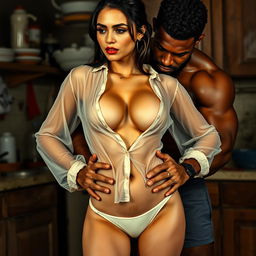 A captivating scene set in a dirty kitchen featuring a seductive 22-year-old Arab woman with milky skin
