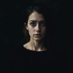 A woman with a scared heart and a puzzled mind standing in a peaceful, serene environment