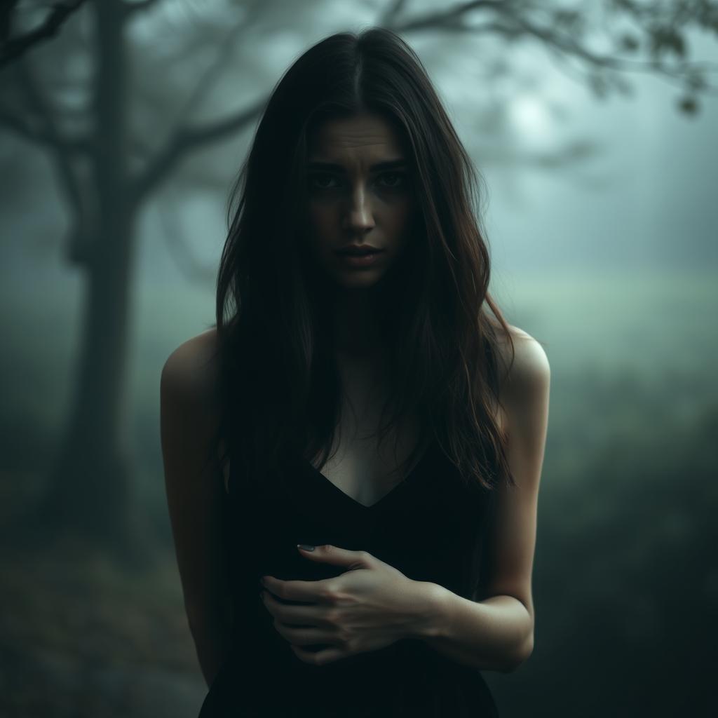 A woman with a scared heart and a puzzled mind standing in a peaceful, serene environment