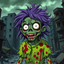 A detailed and accurate depiction of a dumb cannibalistic anime zombie, featuring exaggerated, cartoonish facial expressions that reflect its foolishness