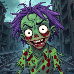 A detailed and accurate depiction of a dumb cannibalistic anime zombie, featuring exaggerated, cartoonish facial expressions that reflect its foolishness