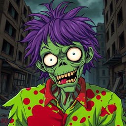 A detailed and accurate depiction of a dumb cannibalistic anime zombie, featuring exaggerated, cartoonish facial expressions that reflect its foolishness