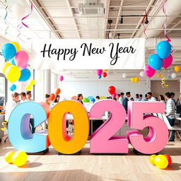 A vibrant and cheerful office scene showcasing large, creative 3D text displaying 'CDIP' and '2025', celebrating the new year