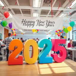 A vibrant and cheerful office scene showcasing large, creative 3D text displaying 'CDIP' and '2025', celebrating the new year