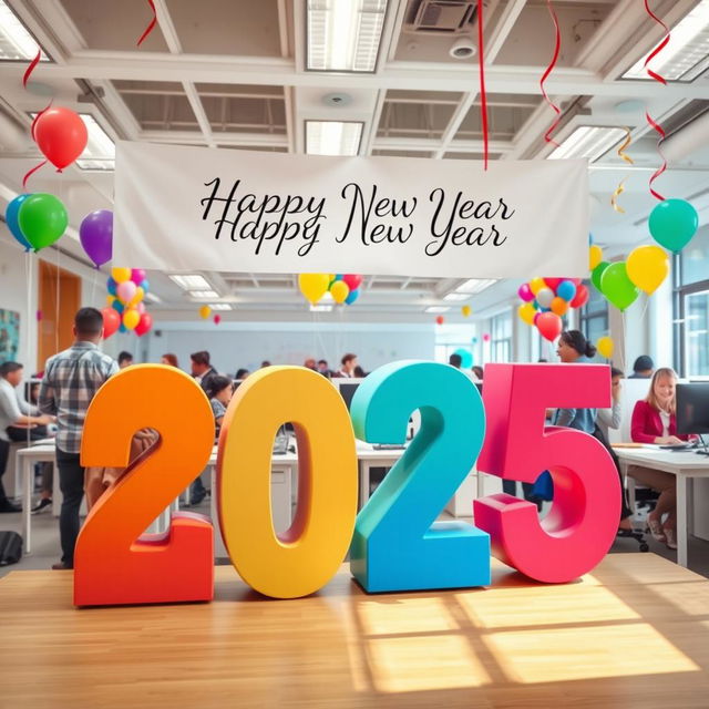 A vibrant and cheerful office scene showcasing large, creative 3D text displaying 'CDIP' and '2025', celebrating the new year