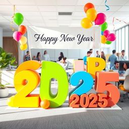 A vibrant and cheerful office scene showcasing large, creative 3D text displaying 'CDIP' and '2025', celebrating the new year