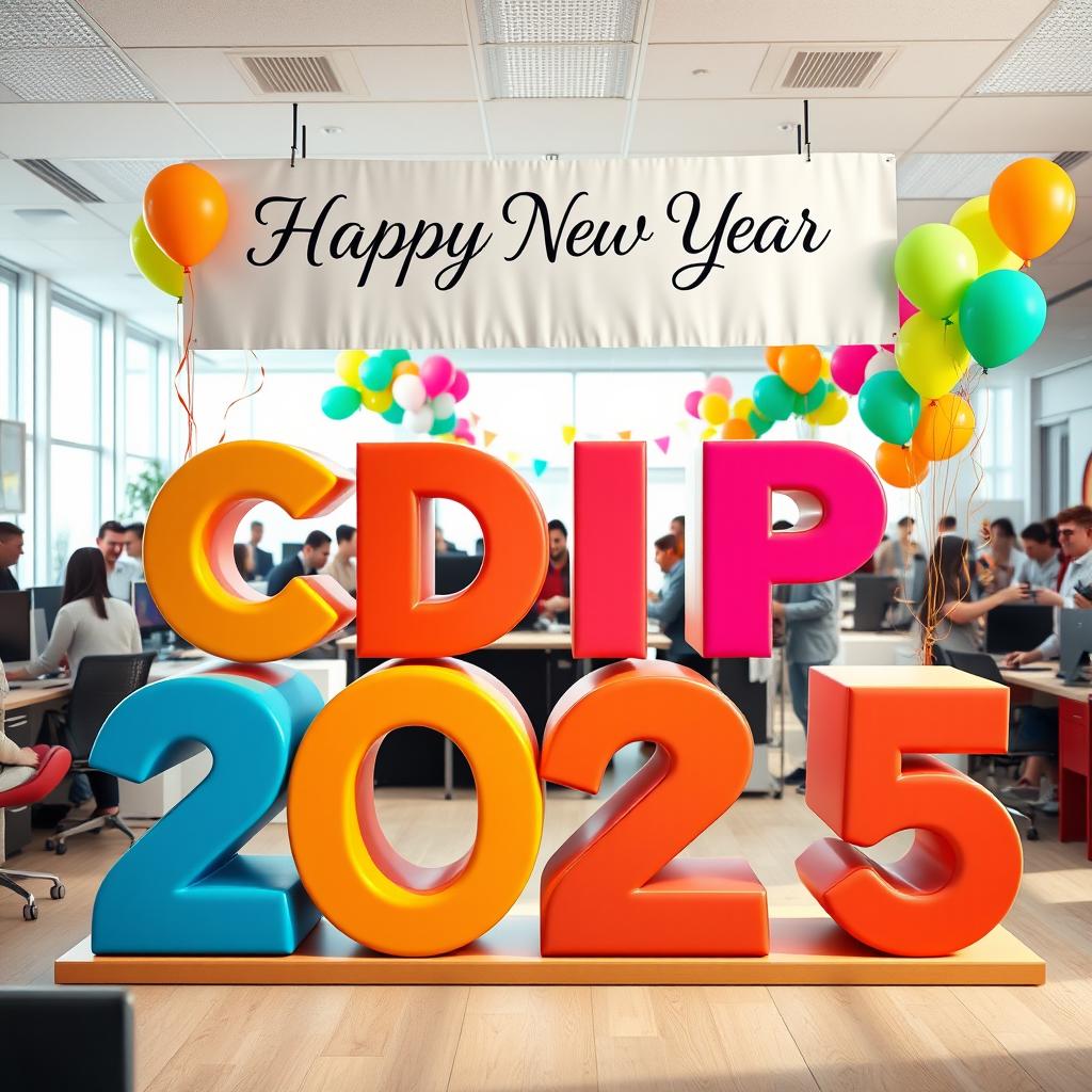 A vibrant and cheerful office scene showcasing large, creative 3D text displaying 'CDIP' and '2025', celebrating the new year