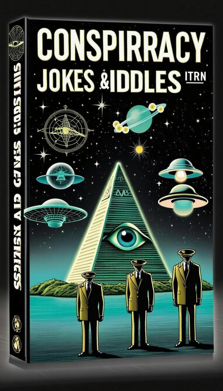 A whimsical book cover design titled "Conspirracy Jokes & Riddles?" featuring a stylized pyramid adorned with an all-seeing eye at the top