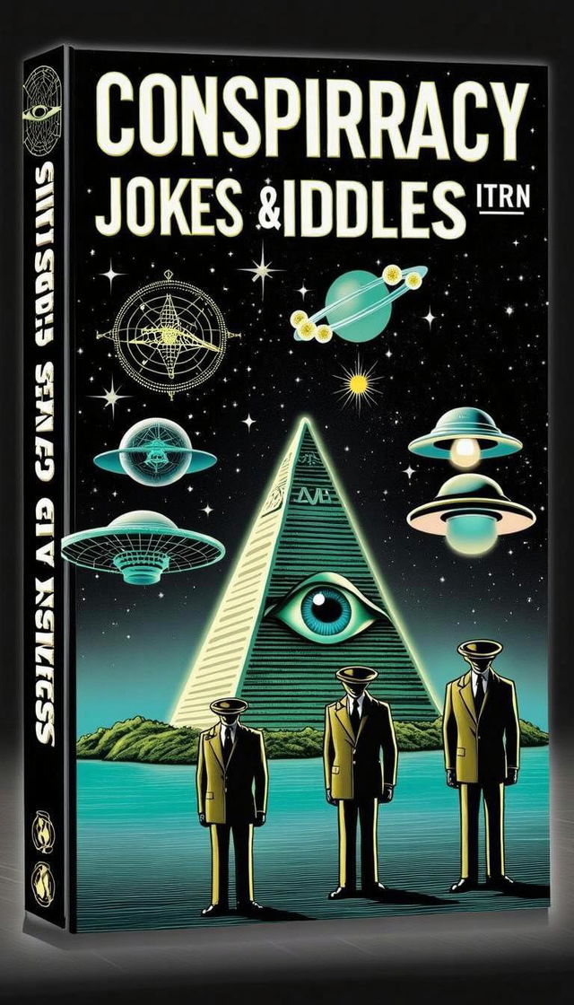 A whimsical book cover design titled "Conspirracy Jokes & Riddles?" featuring a stylized pyramid adorned with an all-seeing eye at the top