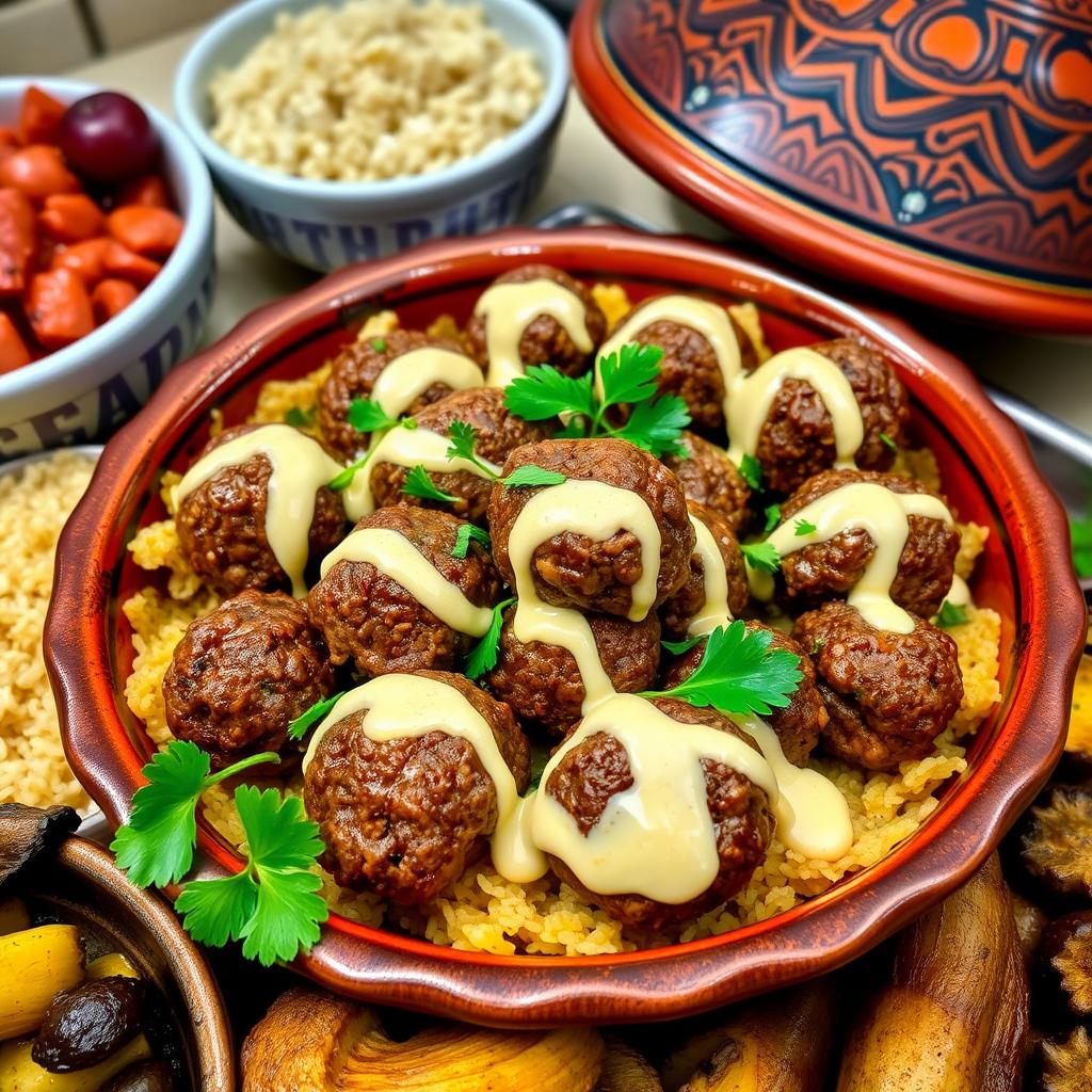 A beautifully prepared dish of Kofte Tagine, full of juicy meatballs made from ground beef, carefully seasoned with herbs and spices