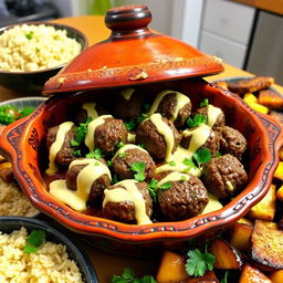 A beautifully prepared dish of Kofte Tagine, full of juicy meatballs made from ground beef, carefully seasoned with herbs and spices