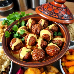A beautifully prepared dish of Kofte Tagine, full of juicy meatballs made from ground beef, carefully seasoned with herbs and spices