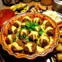 A beautifully prepared dish of Kofte Tagine, full of juicy meatballs made from ground beef, carefully seasoned with herbs and spices