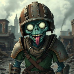 A detailed and accurate depiction of a dumb cannibalistic anime zombie wearing makeshift armor, with a ludicrously oversized helmet that adds a comical touch to its foolishness
