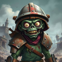 A detailed and accurate depiction of a dumb cannibalistic anime zombie wearing makeshift armor, with a ludicrously oversized helmet that adds a comical touch to its foolishness
