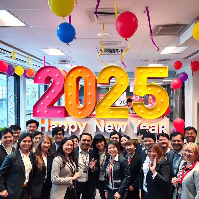 A vibrant office scene featuring a large, colorful 3D text display that says '2025' and 'Happy New Year'