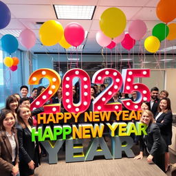 A vibrant office scene featuring a large, colorful 3D text display that says '2025' and 'Happy New Year'