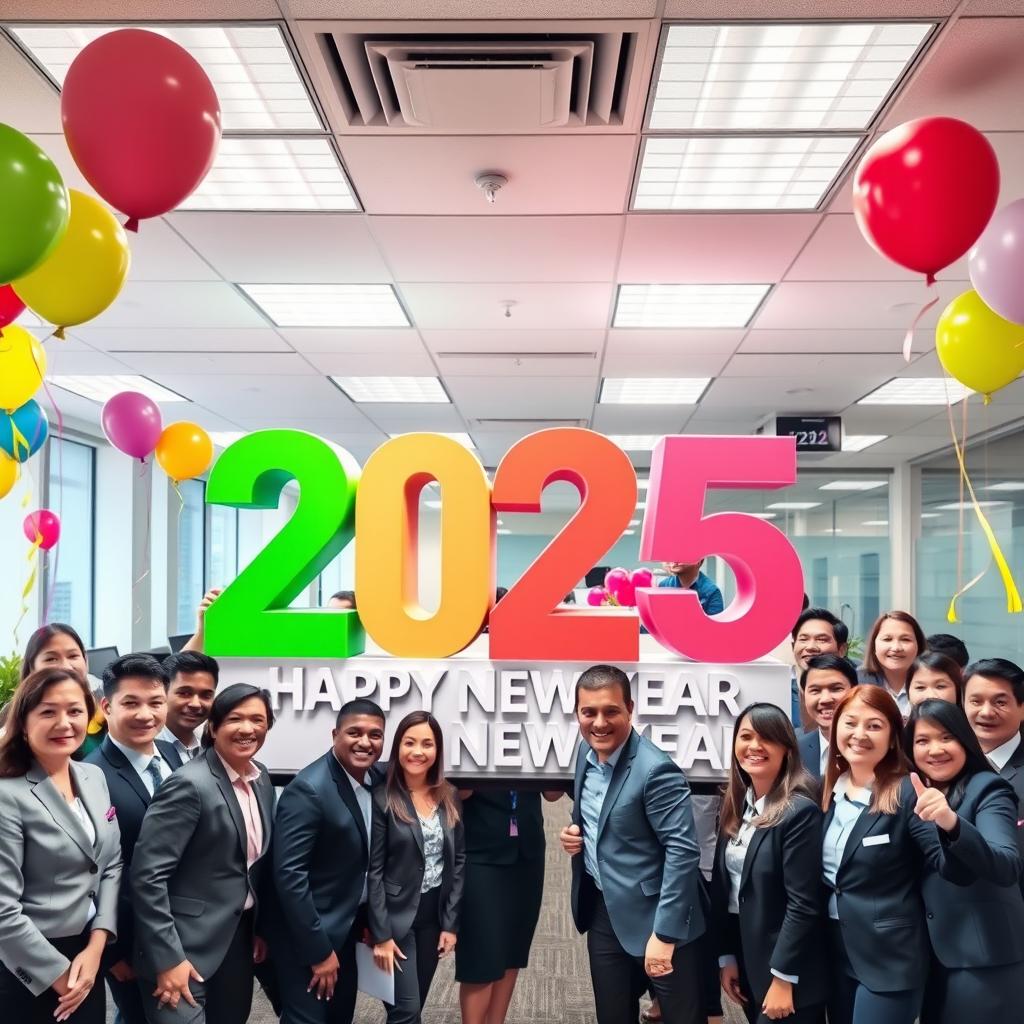 A vibrant office scene featuring a large, colorful 3D text display that says '2025' and 'Happy New Year'