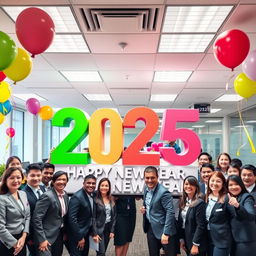 A vibrant office scene featuring a large, colorful 3D text display that says '2025' and 'Happy New Year'