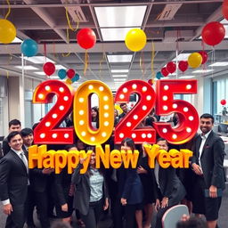 A vibrant office scene featuring a large, colorful 3D text display that says '2025' and 'Happy New Year'