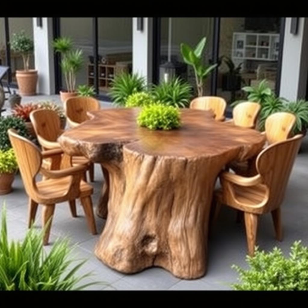 A large table made from the trunk of a big tree, designed beautifully while preserving the natural texture and shape of the wood