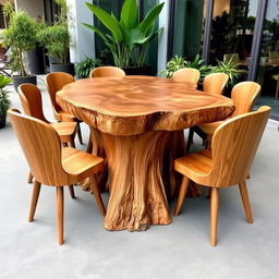 A large table made from the trunk of a big tree, designed beautifully while preserving the natural texture and shape of the wood
