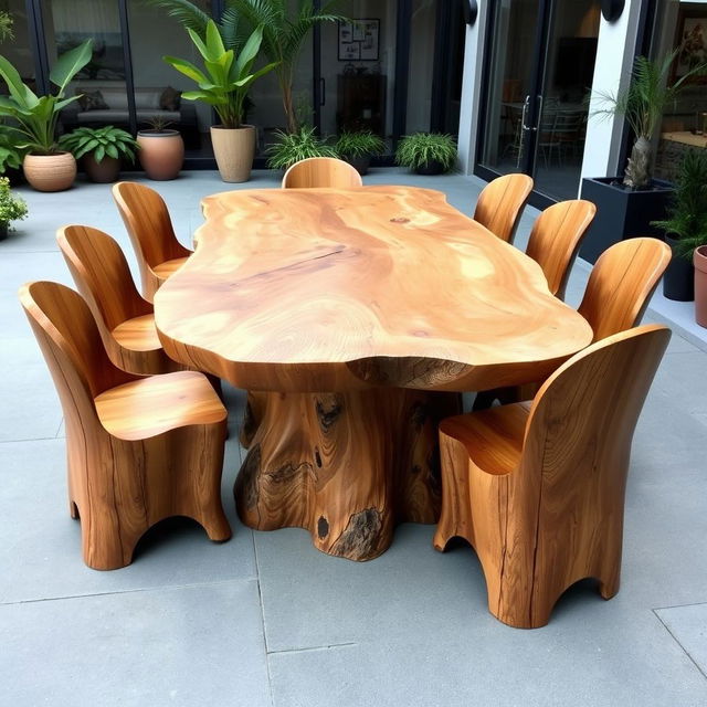 A large table made from the trunk of a big tree, designed beautifully while preserving the natural texture and shape of the wood