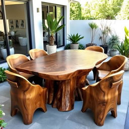 A large table made from the trunk of a big tree, designed beautifully while preserving the natural texture and shape of the wood