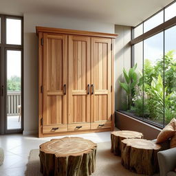 Design a wall-mounted wooden wardrobe measuring 3 meters wide and 2