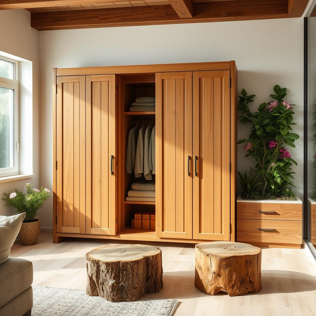 Design a wall-mounted wooden wardrobe measuring 3 meters wide and 2