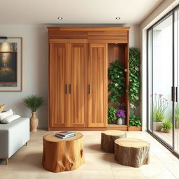 Design a wall-mounted wooden wardrobe measuring 3 meters wide and 2